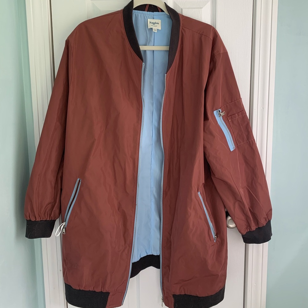 Maroon and baby blue rain jacket